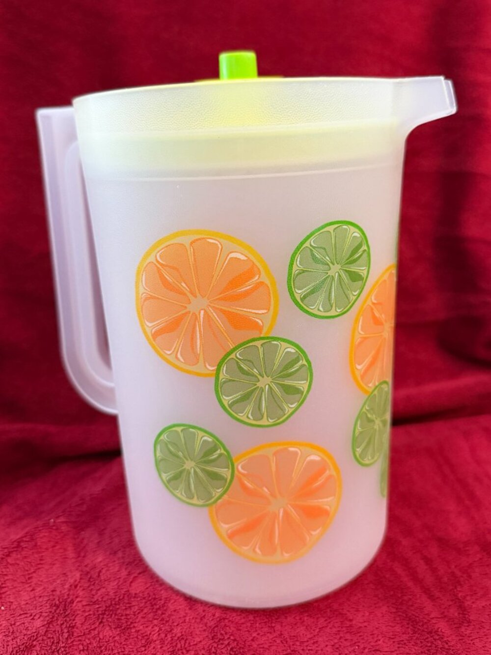 Vintage Tupperware Pitcher 2 Qt Push Button Lid Sheer Oranges Limes Fruit